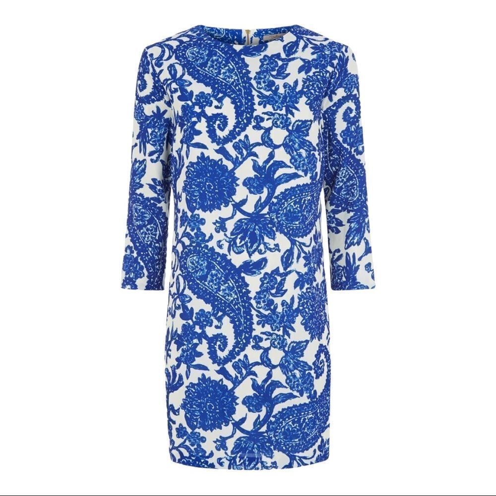 𝅺DARLING Porcelain Blue White Paisley Floral Print Brigette Tunic Dress Size S
